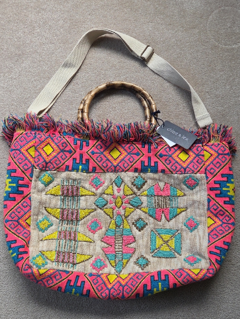 NWT Chloe & Lex Large Beaded Crossbody Multi Color Vibrant Weekend Tote Bag